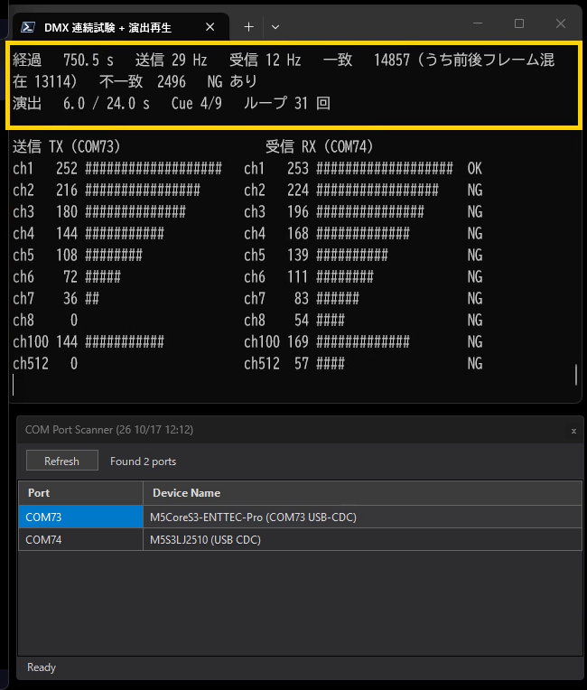 DMX 連続試験と COM Port Scanner