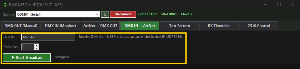 DMX IN → ArtNet タブ
