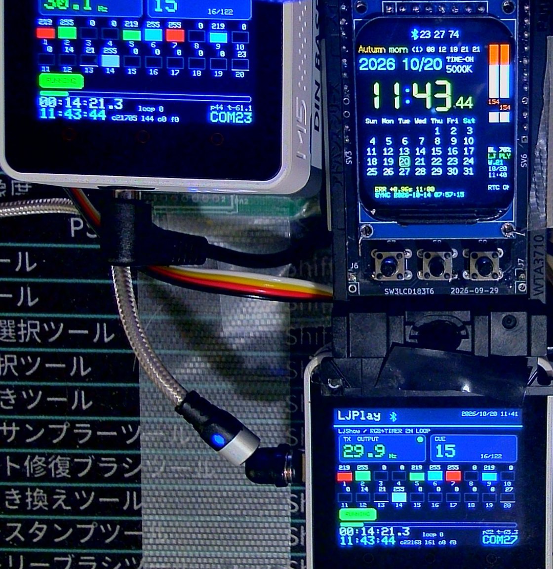 11:43 のカメラの 1 コマ。中央がタイマー(上の帯に Bluetooth のマークと「23 27 74」)、左上が COM23、下が COM27。2 台とも経過 00:14:21.3・時計 11:43:44 でそろい、DMX の 20 ch に 23 / 27 が出ている