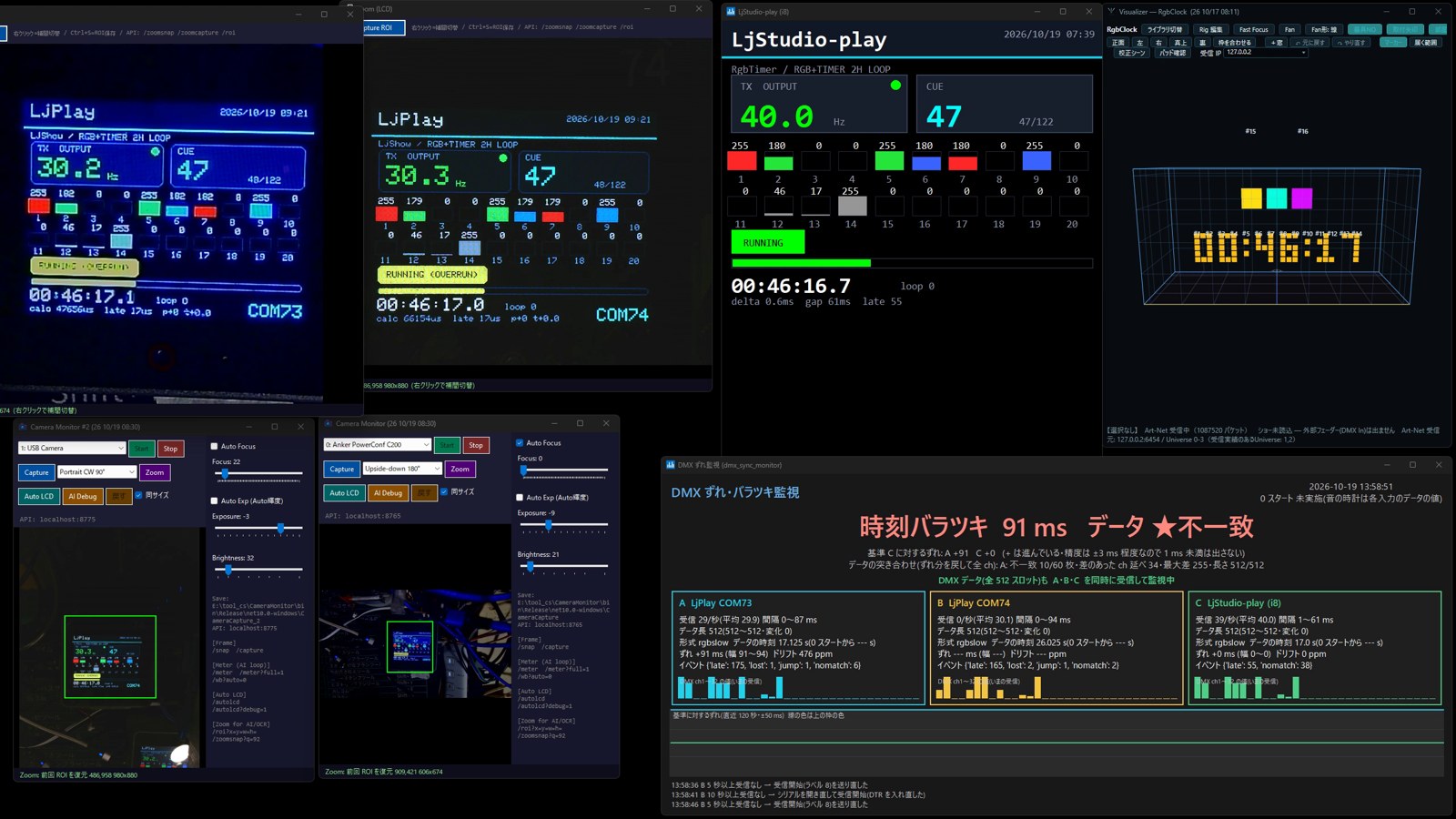 13:58 の録画。B(受信機 COM61)は 13:53 から受信 0/秒。COM74 の液晶は RUNNING・TX 30Hz。