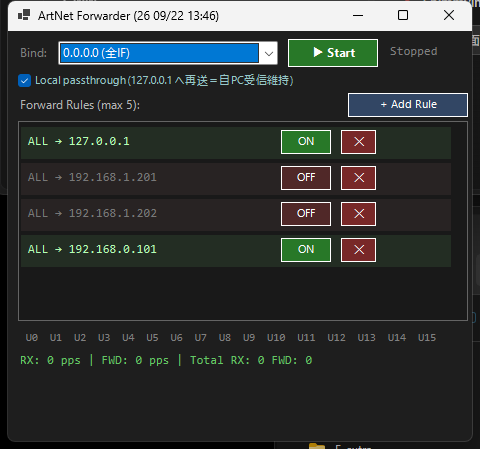 ArtNetForwarder 画面